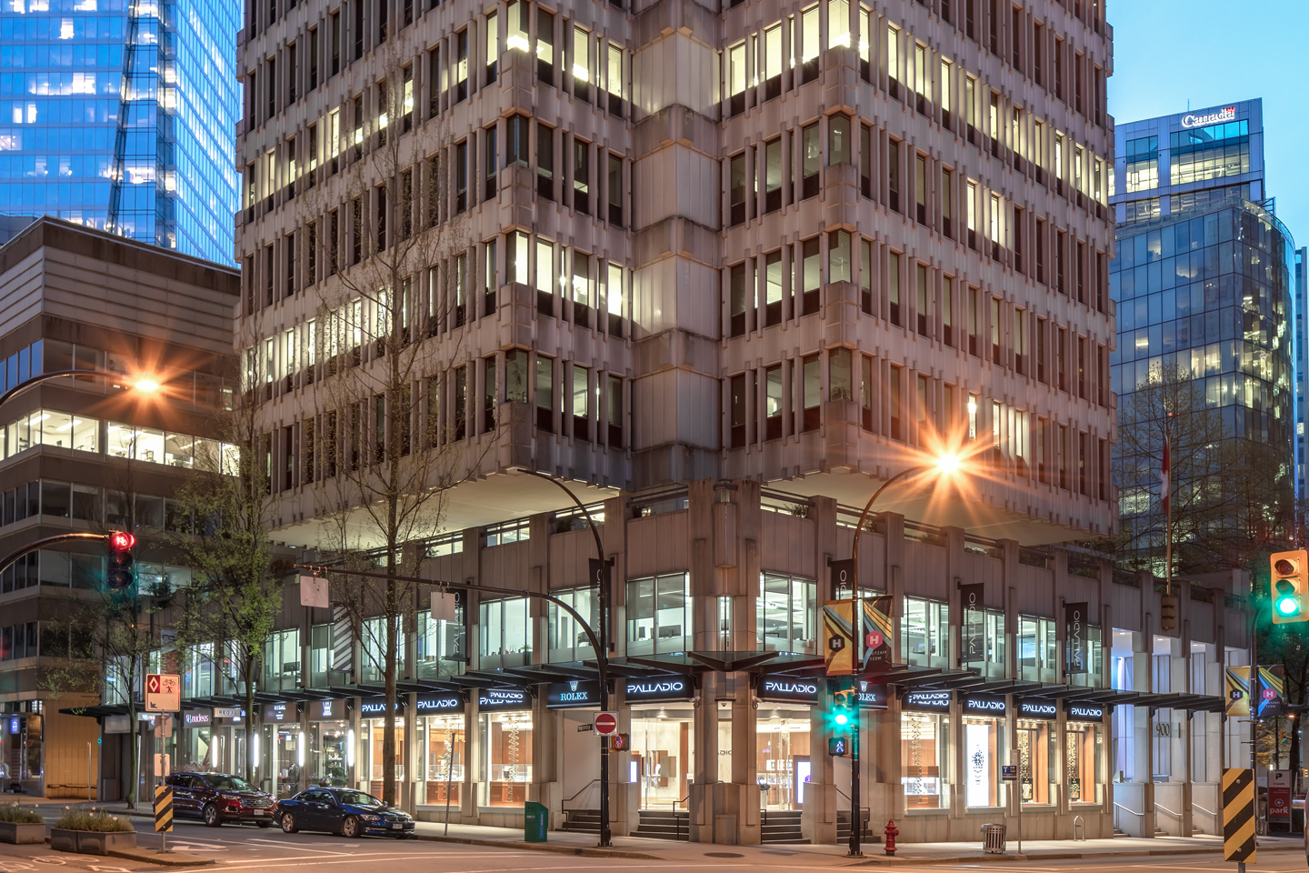 Prominent Class A commercial office tower exterior in Downtown Vancouver financial district