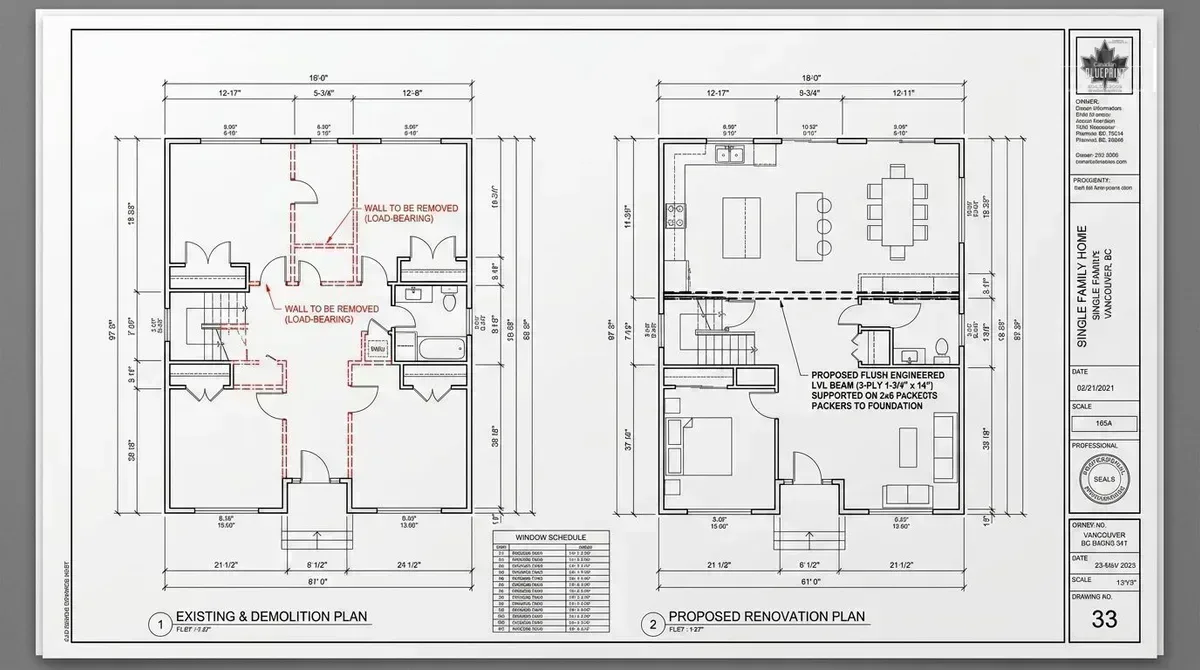 Home renovation existing demolition vs proposed open-concept CAD permit drawings