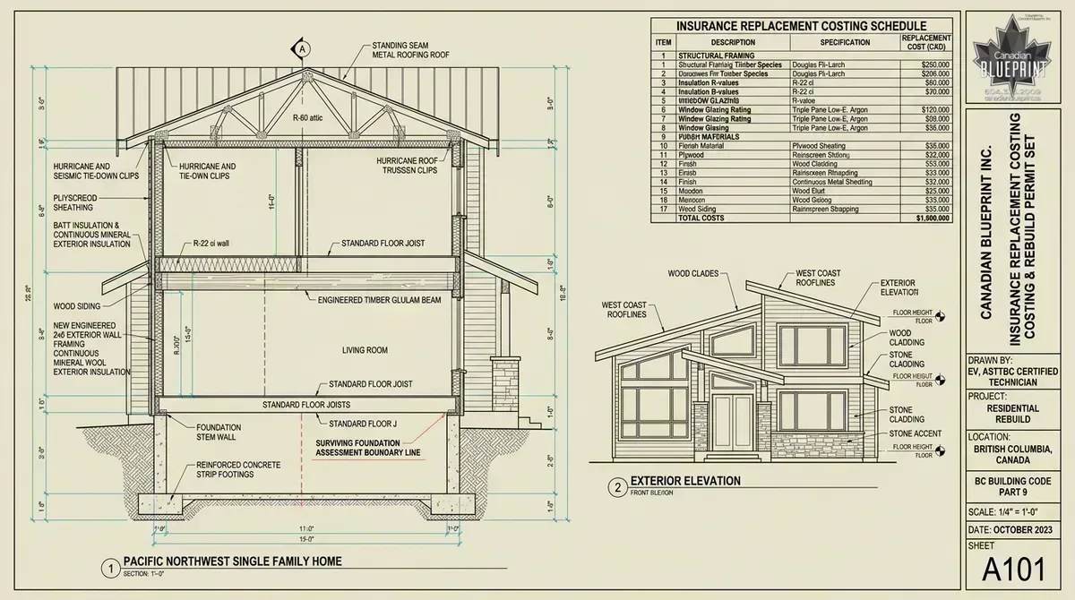 Post-disaster residential insurance replacement costing and rebuild permit blueprint showing full building cross-section, surviving foundation line, engineered framing, and itemized costing schedule