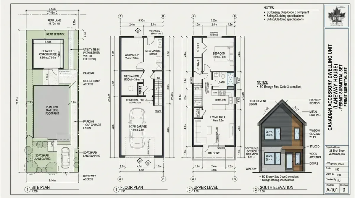 Detached accessory dwelling unit laneway house architectural CAD construction drawing with site setbacks, garage, upper suite, and elevation