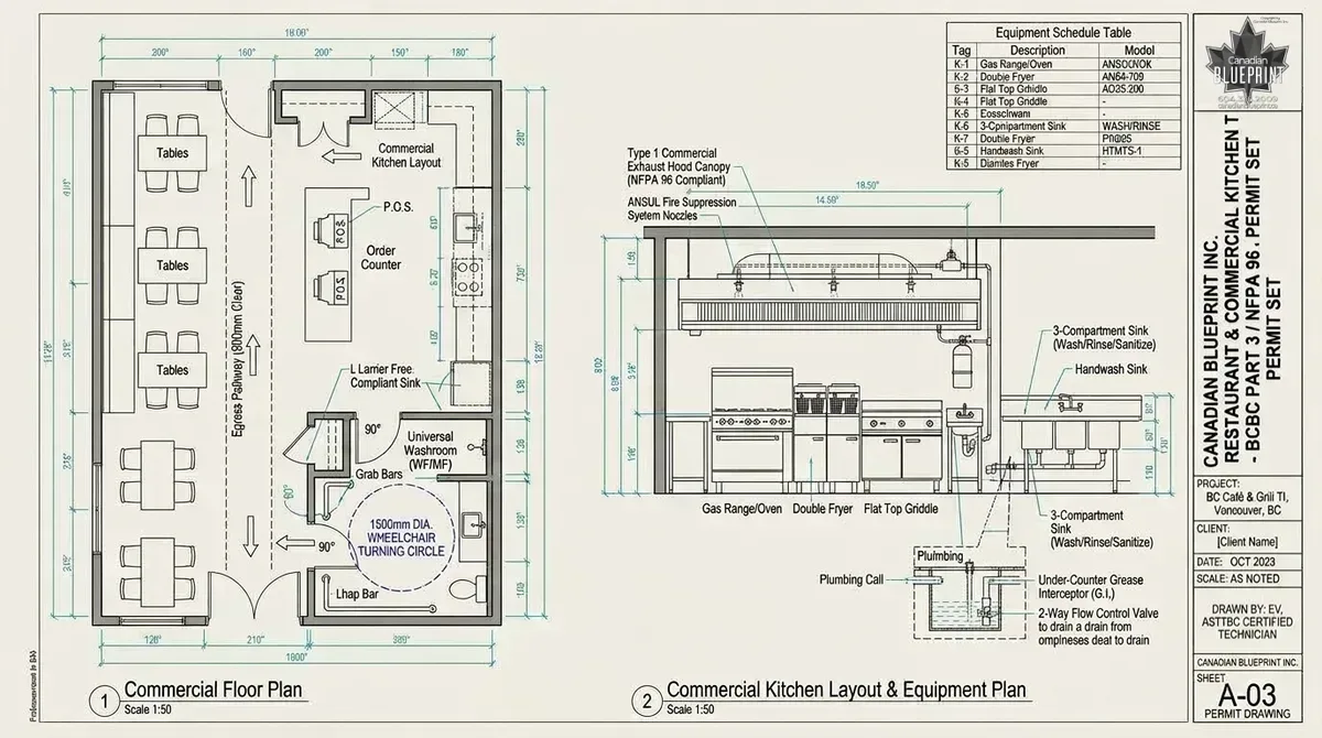 Commercial restaurant and café tenant improvement architectural CAD permit drawing showing dining seating, barrier-free universal washroom, and NFPA 96 commercial kitchen equipment plan