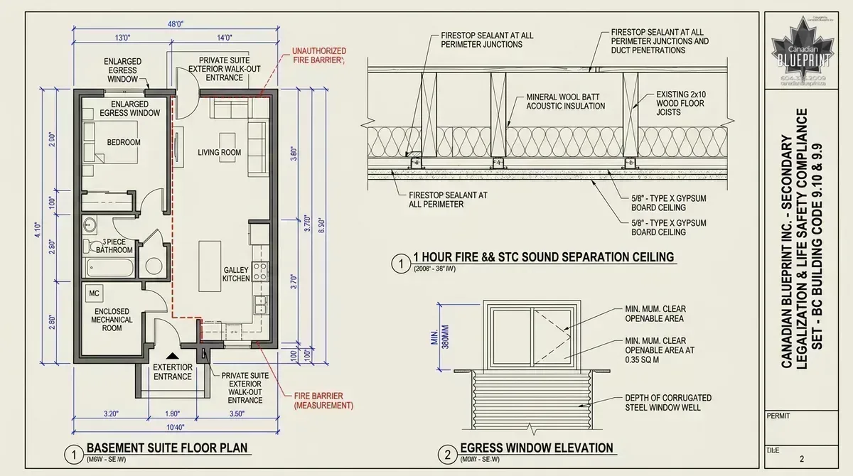 Secondary suite legalization architectural CAD blueprint detailing 1-hour fire separation ceiling assembly, STC sound rating, and bedroom egress window elevation