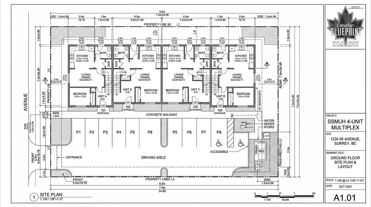BC SSMUH 4-unit multiplex municipal architectural site plan and ground floor layout
